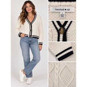 Cable Knit Cardigan Ivory Black Trim Size L preppy academia fall sweater buttons